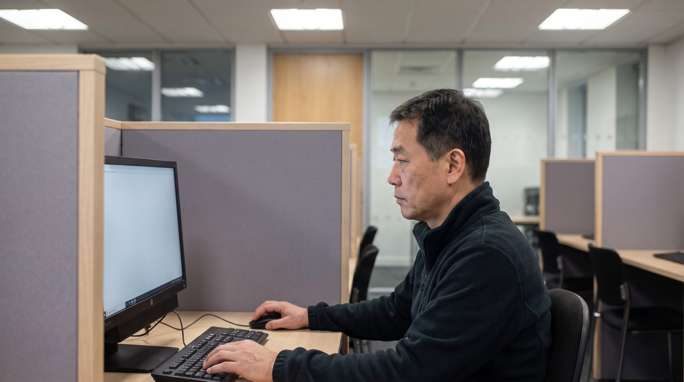 Life in the UK 시험을 응시하는 컴퓨터 화면과 시험장 이미지